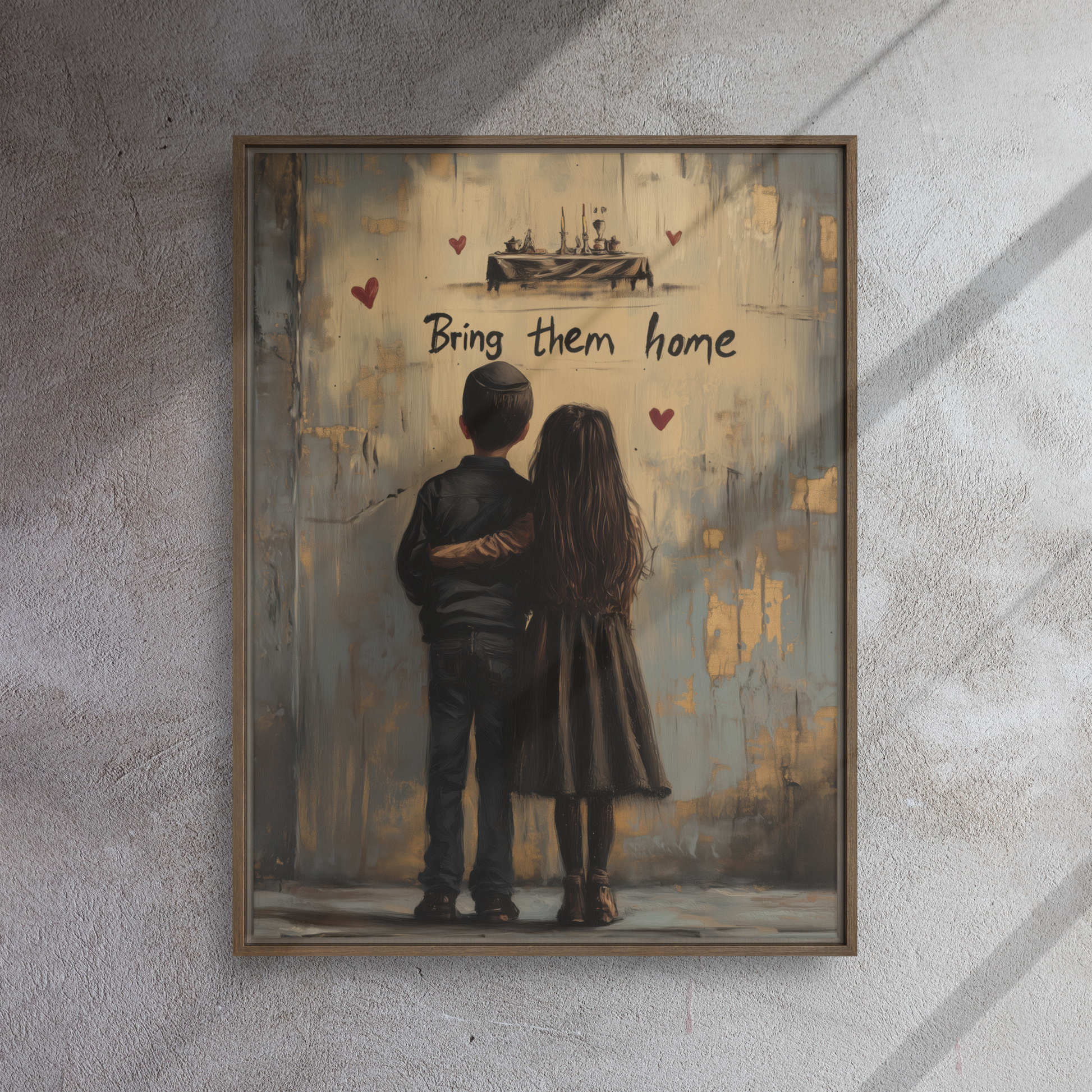 A somber and powerful Jewish artwork, reflecting the October 7th tragedy and the ongoing effort to bring the hostages home.