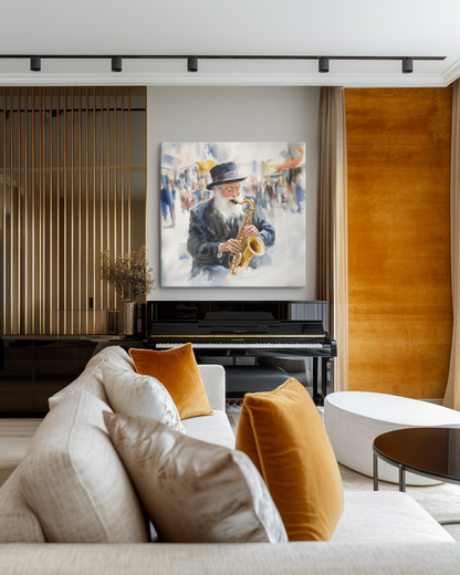 A modern Jewish print painting of a rabbi playing the trumpet, inspired by klezmer music and traditional Jewish melodies.

