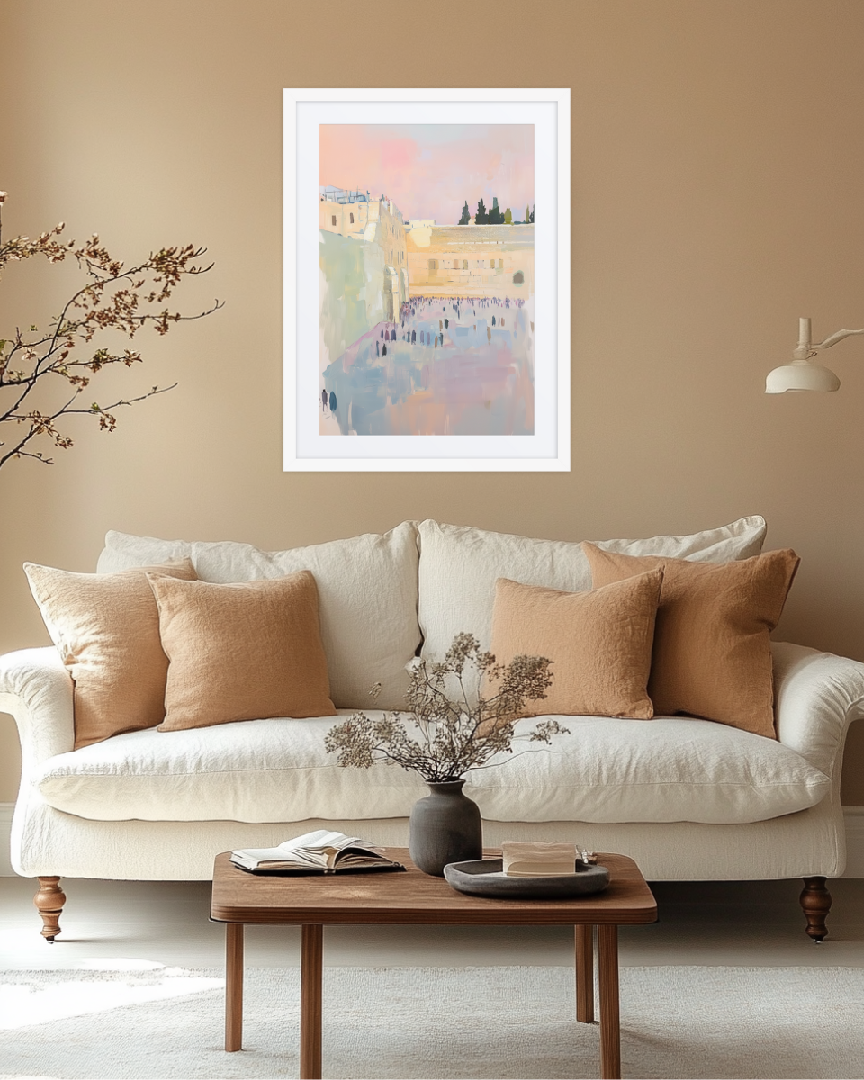 A tranquil Kotel painting in soft pastel tones, offering a contemporary and artistic reimagination of the Western Wall.