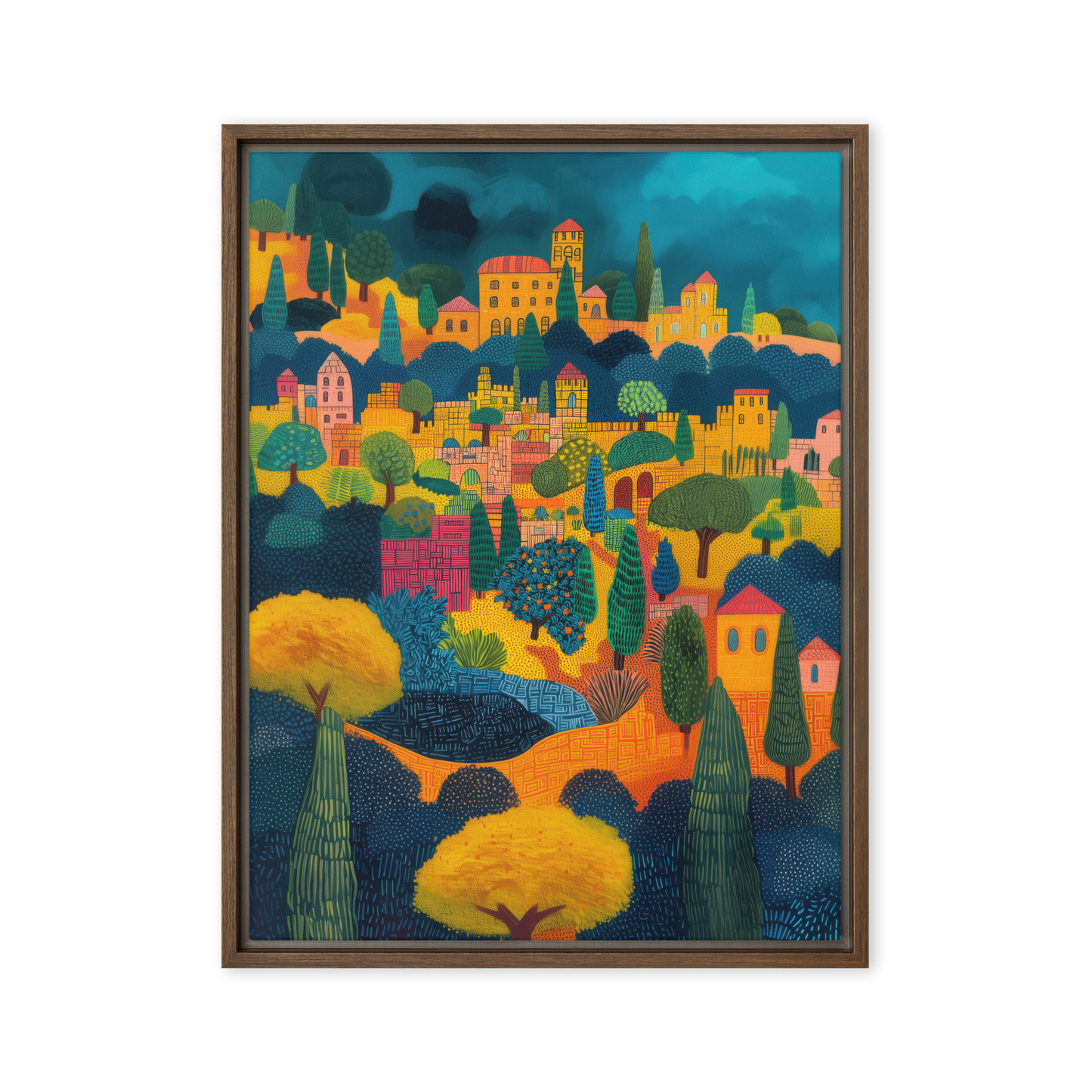 A contemporary artistic interpretation of Jerusalem, blending Mediterranean landscapes with Jewish heritage in a vivid, dreamlike print.