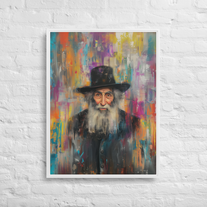 A contemporary Jewish painting of a sage-like rabbi, featuring a detailed portrait contrasted with an energetic, abstract background.