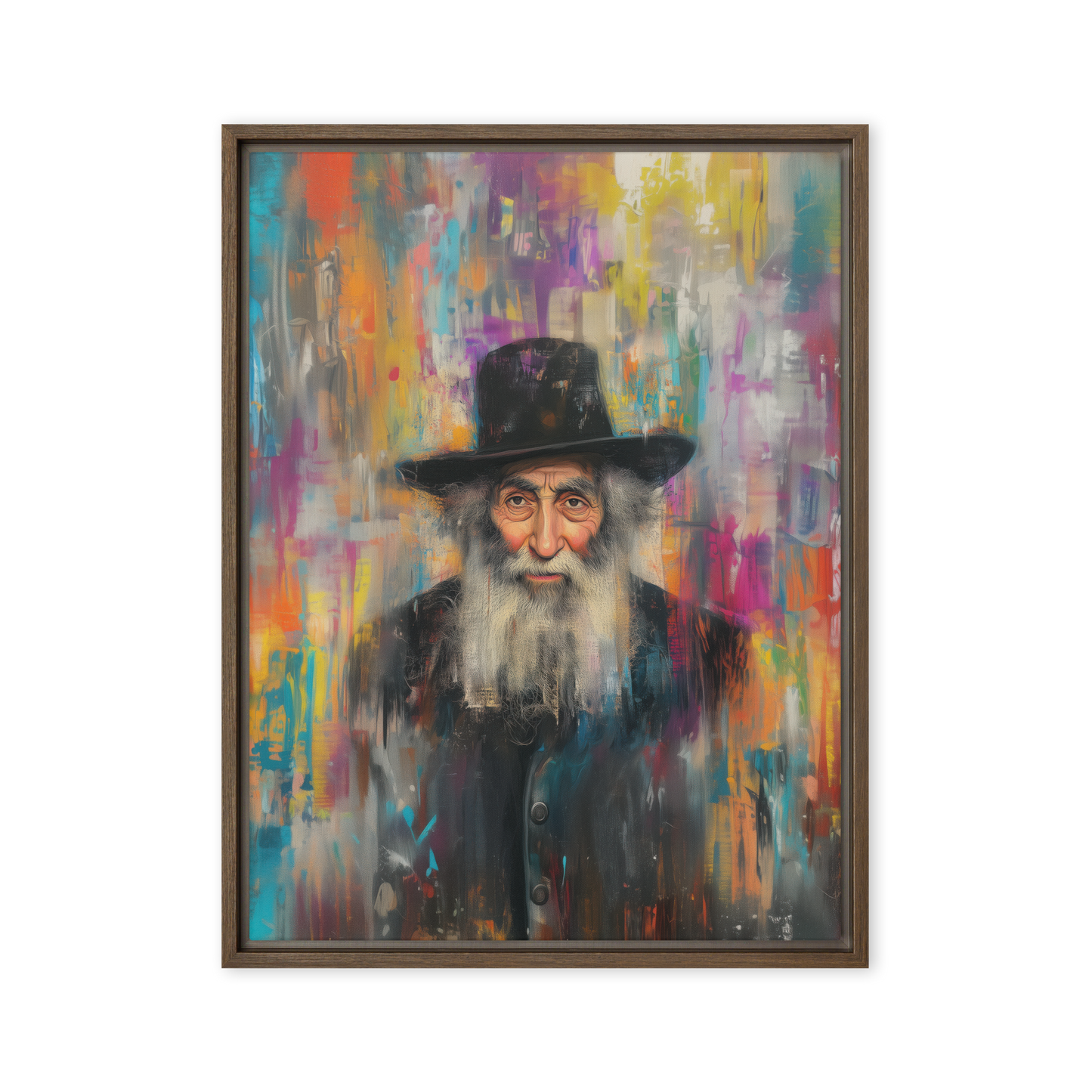A bold and spiritual Jewish painting of a rabbi, merging detailed portraiture with urban street art influences in a contemporary masterpiece.
