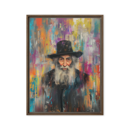 A bold and spiritual Jewish painting of a rabbi, merging detailed portraiture with urban street art influences in a contemporary masterpiece.