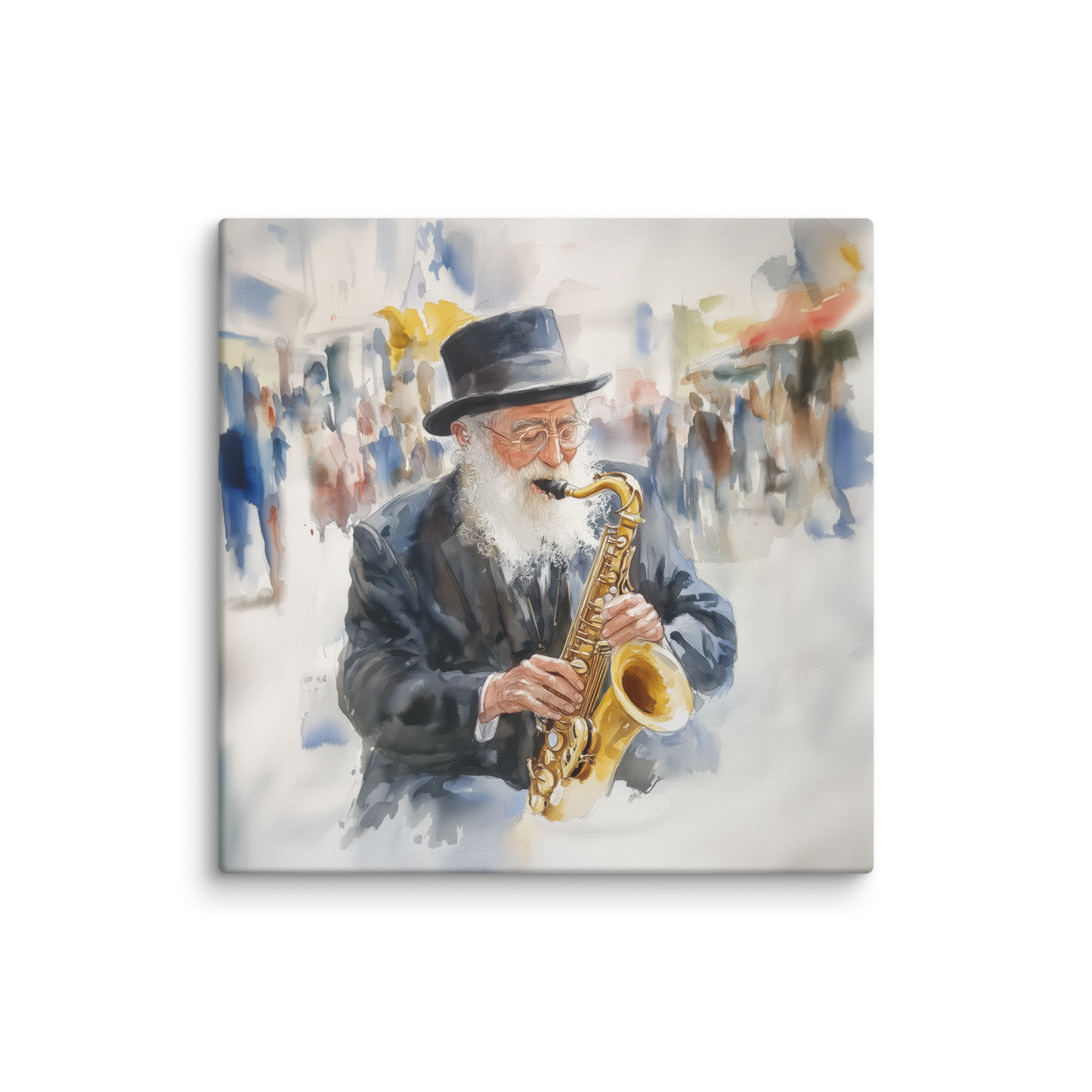 A unique Jewish art print titled "Golden Chords," showcasing a rabbi with a trumpet in a mesmerizing watercolor style.