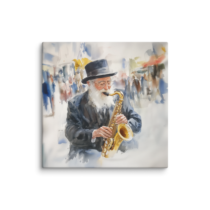 A unique Jewish art print titled "Golden Chords," showcasing a rabbi with a trumpet in a mesmerizing watercolor style.