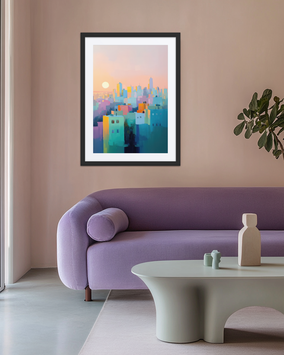 A contemporary Judaica print reimagining Tel Aviv’s skyline in soft hues of pink, blue, and lavender, creating a peaceful ambiance.