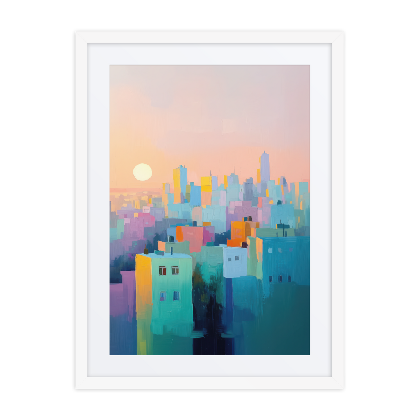 A contemporary take on the Tel Aviv skyline, blending pastel tones and geometric brushstrokes in a visually soothing composition.