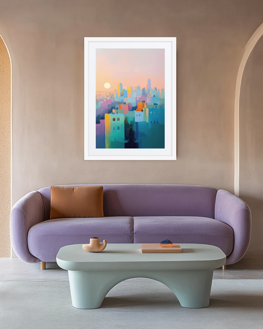 A serene pastel-toned digital acrylic painting print of the Tel Aviv skyline, blending modern technique with timeless artistry.