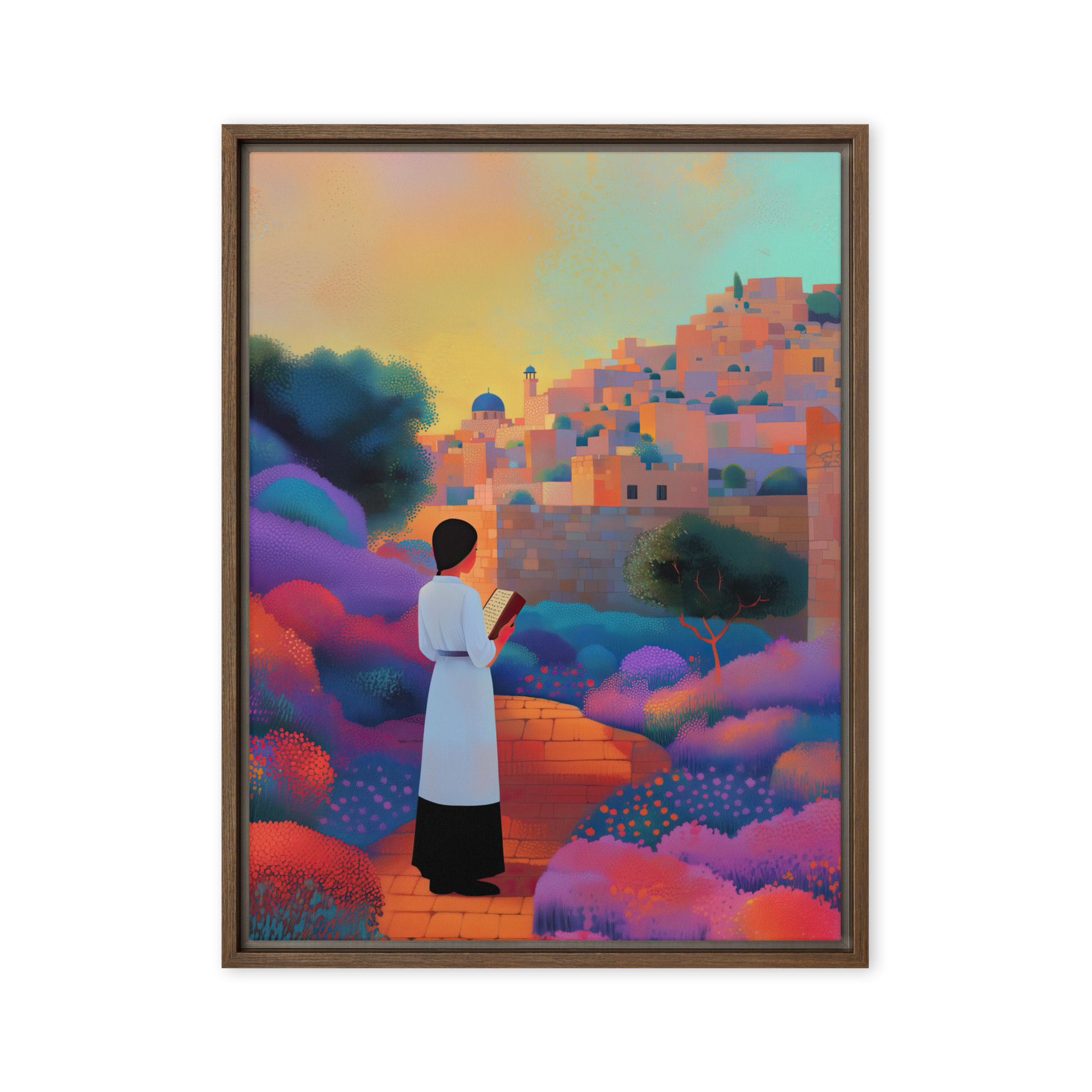 A beautiful Jewish woman standing in a blooming garden at the Kotel, her prayer rising as prismatic petals surround her.

