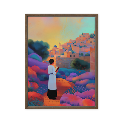 A serene artwork capturing a Jewish woman in prayer at the Kotel, surrounded by colorful prismatic petals, rendered in detailed pointillism.

