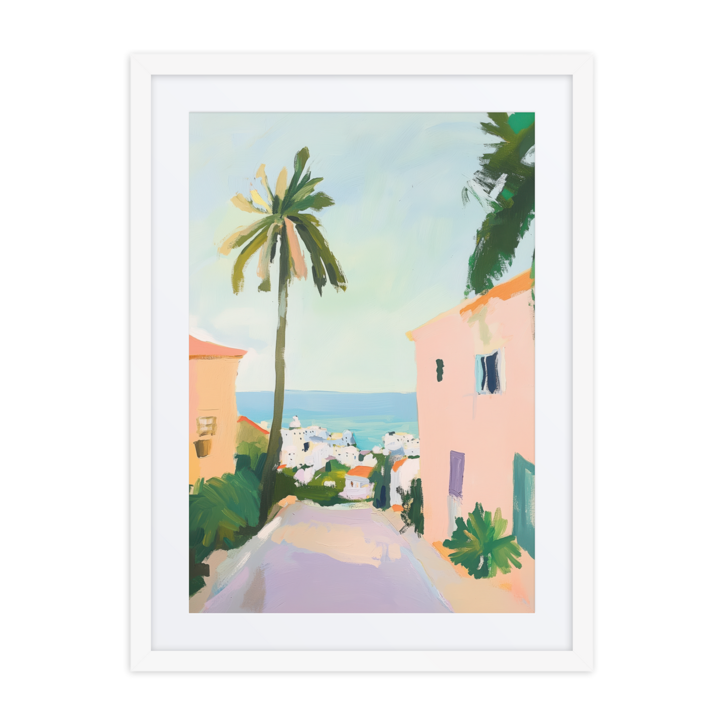 A modern cityscape of Tel Aviv leading to the sea, rich with color and depth, perfect for Mediterranean-inspired home decor.