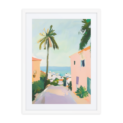 A modern cityscape of Tel Aviv leading to the sea, rich with color and depth, perfect for Mediterranean-inspired home decor.