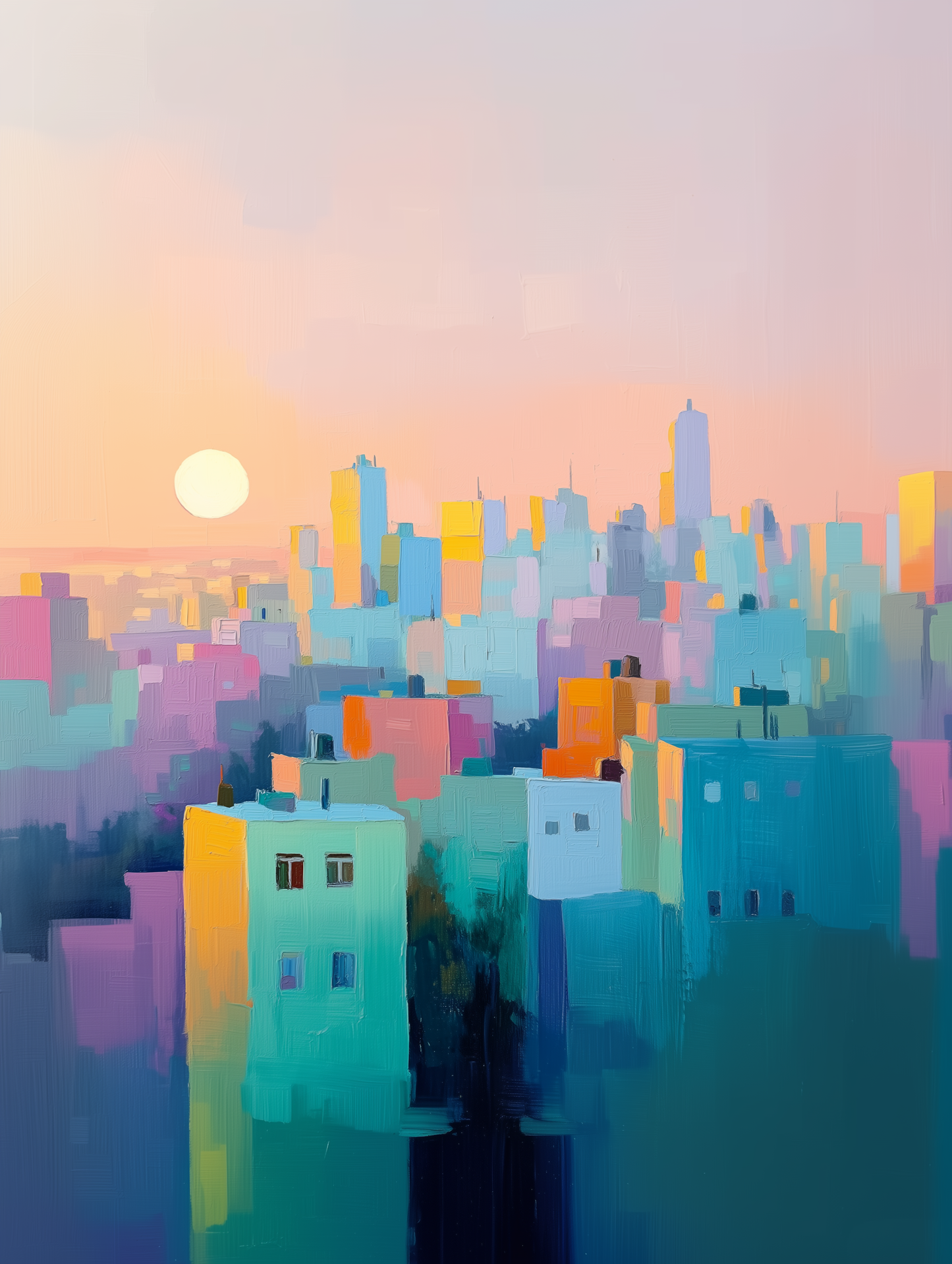 A tranquil, pastel-colored artwork showcasing the Tel Aviv skyline, perfect for modern Israel-themed home decor.