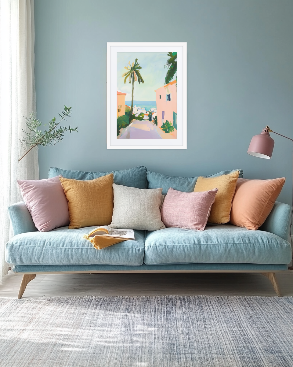 A pastel-toned artwork capturing Tel Aviv’s charm, depicting a quiet street sloping toward the sea with vibrant hues and expressive brushstrokes.