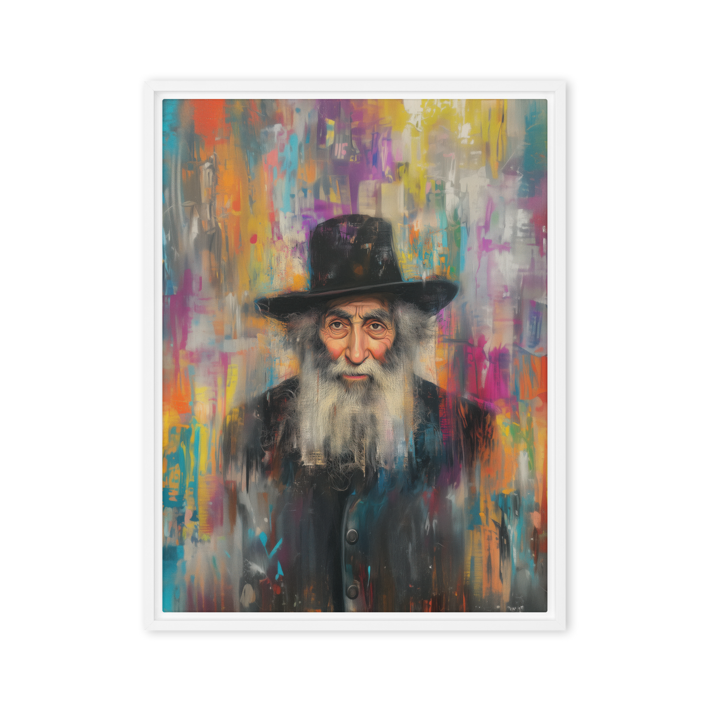 A visually stunning Jewish artwork portraying a rabbi, where classical portraiture meets abstract modernity in an electrifying display of artistic energy.