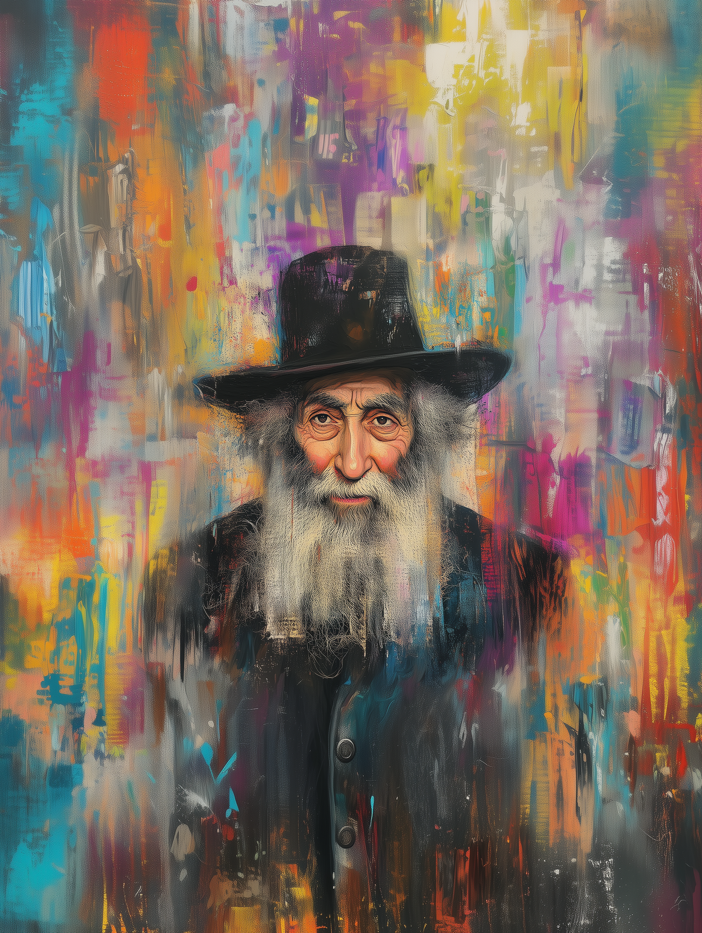A striking Jewish art piece of a wise rabbi, blending detailed realism with bold, abstract colors in a modern Judaica masterpiece.