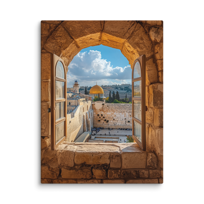 A spiritual and elegant depiction of the Western Wall through a historic stone arch, symbolizing faith across generations.